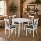 Set masa living plianta Philadelphia, MDF, lemn masiv, rotunda, 55 90 x 90 x 74,8 cm si 4 scaune Houston, stofa,100 kg, 94x49x40 cm, alb gri