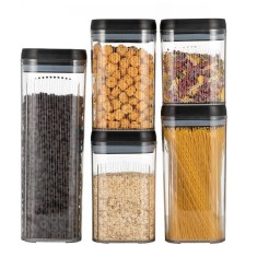 Cutii de Depozitare Alimente, Cyrax, Set din 5 Cutii de tip Container, Recipiente pentru Cereale in Bucatarie, Transparente cu Capac Negru