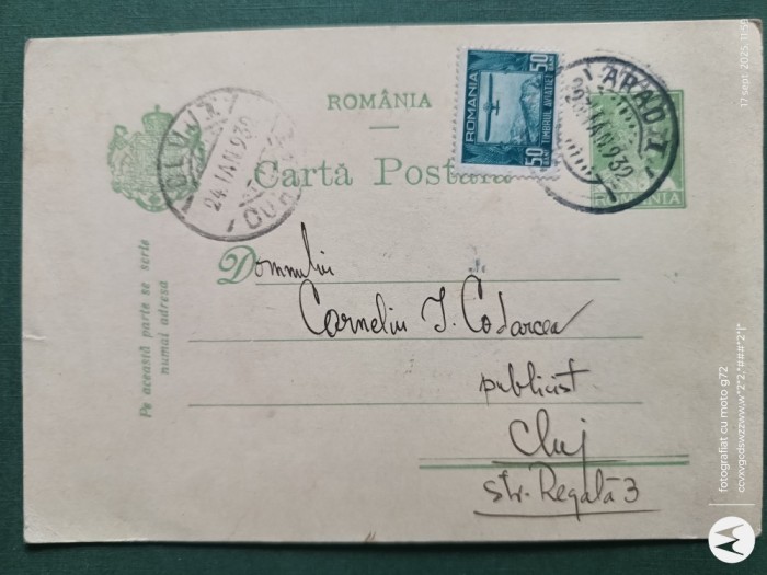 Regalitate Romania , carte postala corespondenta circulata ,corepondenta financiar -comerciala avocat