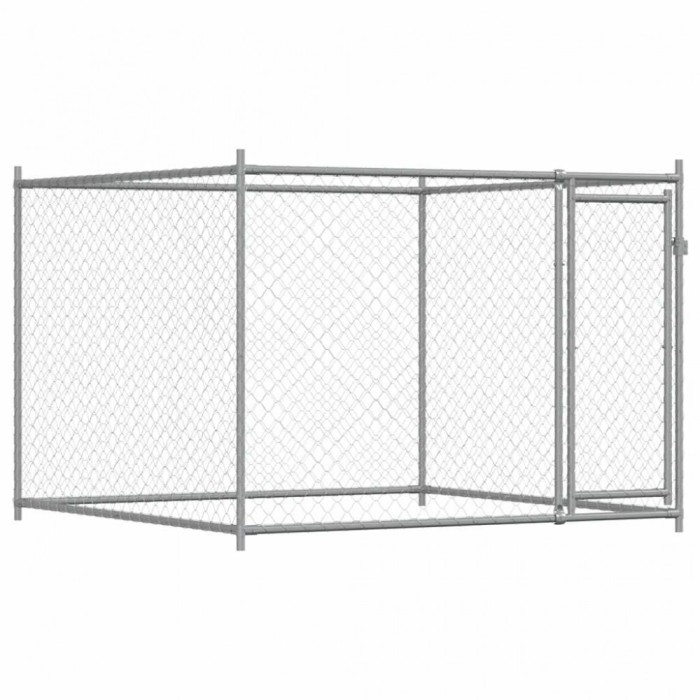 Cusca pentru caini cu usa, gri, 2x2x1,5 m, otel galvanizat