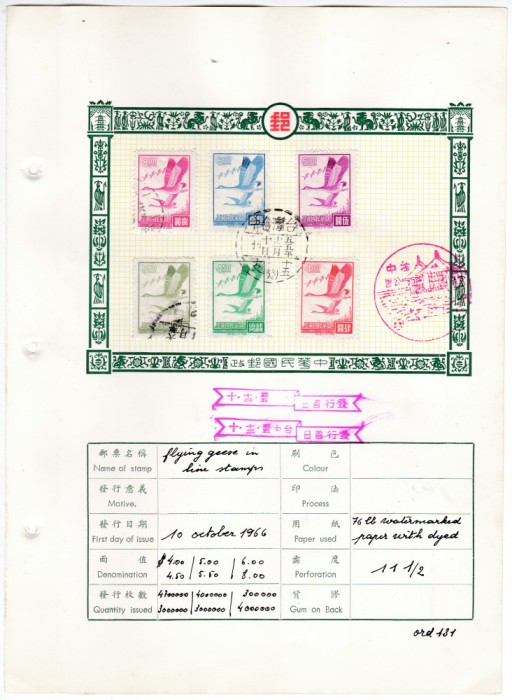 DB1 Taiwan Foaie prez Prima Zi 1966 Mi. 610-614 617 Fauna Pasari Gaste