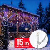 Instalație de Crăciun, 600 LED multicolor, 15m, 8 jocuri lumini, cablu transparent, IP44