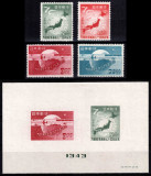 Japonia 1949, Mi #464-467 + Bl 30**, 75 de ani UPU, harta, MNH! Cota 66 &euro;!, Posta, Nestampilat