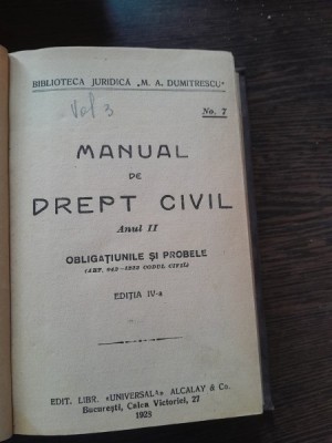 MANUAL DE DREPT CIVIL, OBLIGATIUNILE SI PROBELE, ANUL II foto