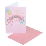 Felicitare de naștere roz cu curcubeu, baloane și folie aurie, 12x17 cm, cu plic, CMCLASS