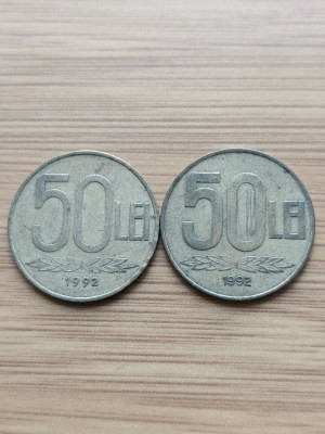 Moneda Romania 50 lei 1992 -Ambele variante foto