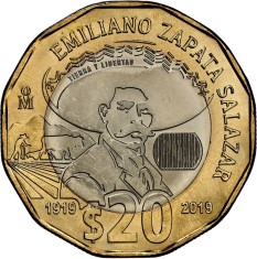 Mexic 20 Pesos 2019 - (Emiliano Zapata Salazar) 30 mm, KM-992 UNC !!!