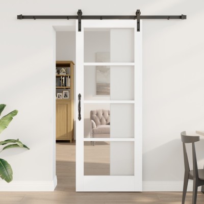 Ușa glisantă vidaXL cu set de accesorii &amp;quot;ORKDAL&amp;quot; Alb, Lemn Solid &amp;amp; Sticlă foto