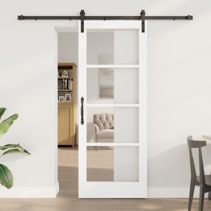 Ușa glisantă vidaXL cu set de accesorii &quot;ORKDAL&quot; Alb, Lemn Solid &amp; Sticlă
