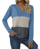 Tricou cu guler &icirc;n V, m&acirc;neci lungi, tricotaj tip waffle, ușor, cu blocuri de culori, tunica &ndash; Albastru XL