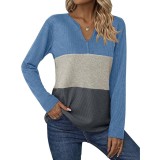 Tricou cu guler &icirc;n V, m&acirc;neci lungi, tricotaj tip waffle, ușor, cu blocuri de culori, tunica &ndash; Albastru XL