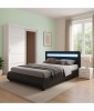 Dormitor Negru 160x200 cm, Pat Tapitat Piele Ecologica LED, Dulap 150cm, Noptiere, Somiera Metalica (Fara Saltea)