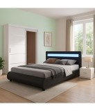 Dormitor Negru 160x200 cm, Pat Tapitat Piele Ecologica LED, Dulap 150cm, Noptiere, Somiera Metalica (Fara Saltea)