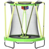 Trambulina copii 3-10 ani, 140x155 cm, cu plasa protectie, cos de baschet, 20 bile colorate, verde si galben, max 50 kg, ART