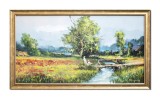 Cumpara ieftin Tablou peisaj camp cu maci pictat manual inramat, O zi minunata, 80x45cm ulei pe panza, rama din lemn, Geo Ungureanu