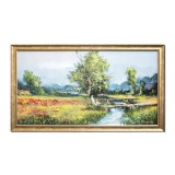 Tablou peisaj camp cu maci pictat manual inramat, O zi minunata, 80x45cm ulei pe panza, rama din lemn, Geo Ungureanu