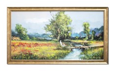 Tablou peisaj camp cu maci pictat manual inramat, O zi minunata, 80x45cm ulei pe panza, rama din lemn, Geo Ungureanu foto