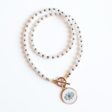 Colier la baza gatului din jad alb si hematit cu pandantiv Evil Eye si inchizatoare toggle