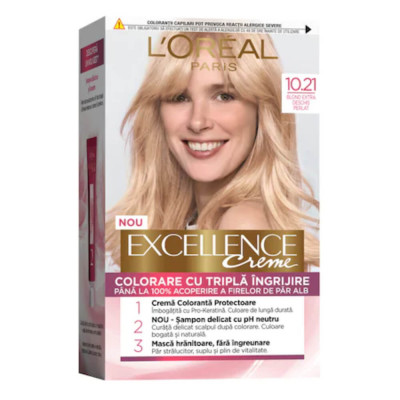 Vopsea de Par Permanenta L&amp;#039;OREAL Paris Excellence Creme 10.21, Blond Perlat, 192 ml, Cu Amoniac, Vopsea de Par, Vopsea de Par Permanenta, Vopsea de Pa foto