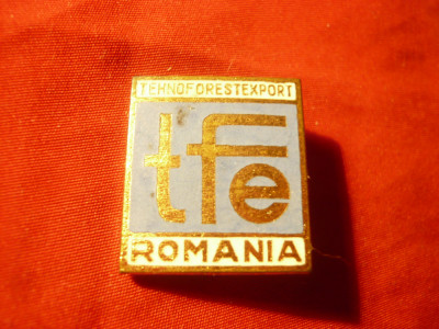 Insigna Tehnoforestexport Romania ,h=2,4cm , metal si email foto