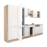 Mobilier de bucătărie Yorki 340, cu corp din stejar Sonoma, fațade albe cu finisaj satinat, cu dulap cu rafturi și frigider cu congelator &icirc;n partea de