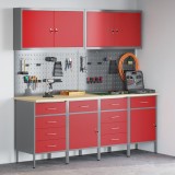 Set dulap lucru &amp; panou c&acirc;rlige, 10 piese, roșu, MDF &amp; metal