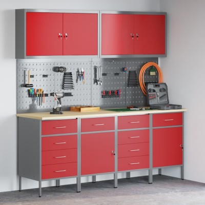 Set dulap lucru &amp;amp; panou c&amp;acirc;rlige, 10 piese, roșu, MDF &amp;amp; metal foto