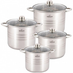 Set oale inox 8 piese Bohmann, 7 L, 9 L, 11.5 L, 13.5 L, 3 straturi, compatibil cu inductie, capace sticla inox