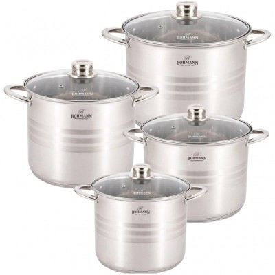 Set oale inox 8 piese Bohmann, 7 L, 9 L, 11.5 L, 13.5 L, 3 straturi, compatibil cu inductie, capace sticla inox foto