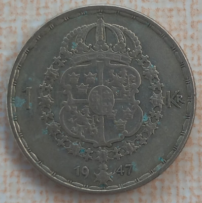 (A659) MONEDA DIN ARGINT SUEDIA - 1 KRONA 1947, LIT. TS, REGELE GUSTAF V foto