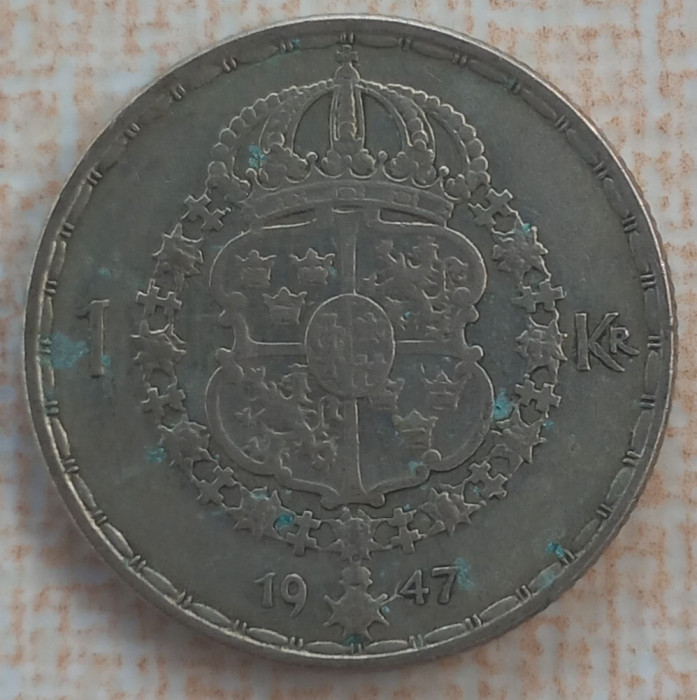 (A659) MONEDA DIN ARGINT SUEDIA - 1 KRONA 1947, LIT. TS, REGELE GUSTAF V