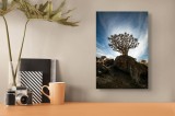 Tablou Canvas, "Arborele solitar sub cer albastru", Cer, Arbore, Rocă, Siluetă, Nori, Peisaj, Desișuri, Contrast, Natură, Serenitate, Umbră, Textură,