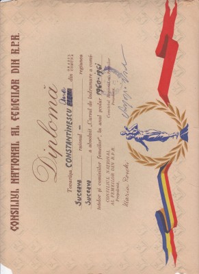 AMS @ - DIPLOMĂ pentru absolvirea CURSULUI DE INDRUMARE A COMITETELOR SI COMISIILOR FEMEILOR, ANUL 1960-196, franjutata foto