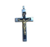 CRUCIFIX MEDALION VINTAGE DIN METAL ARGINTIU SI LEMN DE ABANOS