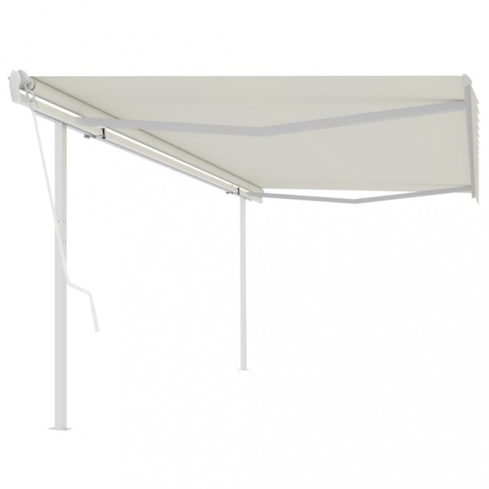 Copertină retractabilă automat, cu st&acirc;lpi, crem, 5x3,5 m