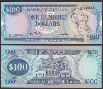 GUYANA █ bancnota █ 100 Dollars █ 1989 █ P28 █ semnatura 8 █ UNC █ necirculata foto