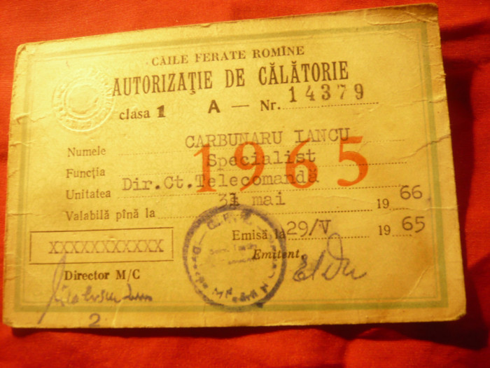 Autorizatie de Calatorie cl I CFR 1965