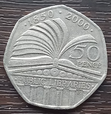 (S) MONEDA ANGLIA - 50 PENCE 2000, 150 ANI SISTEMUL BIBLIOTECILOR PUBLICE foto