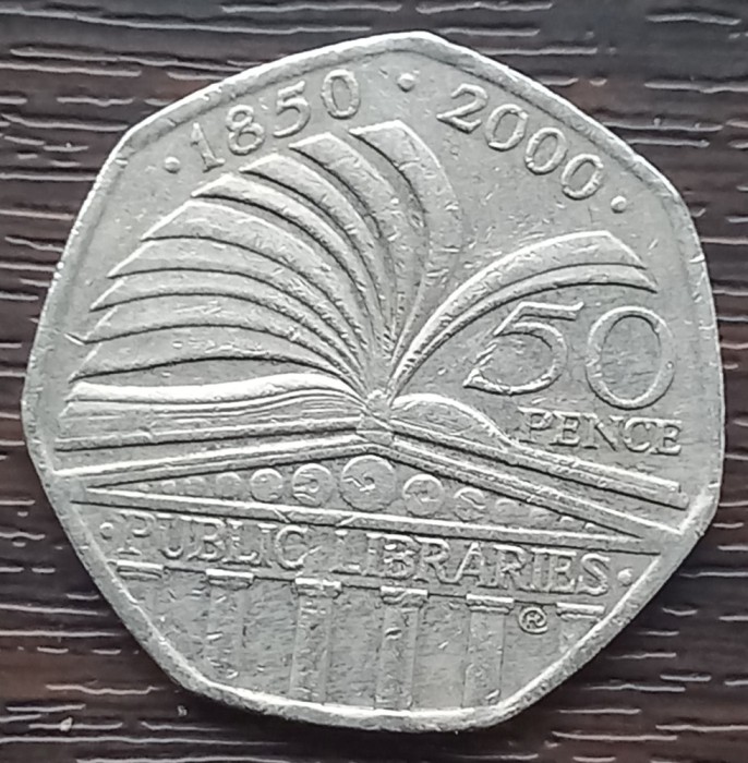 (S) MONEDA ANGLIA - 50 PENCE 2000, 150 ANI SISTEMUL BIBLIOTECILOR PUBLICE