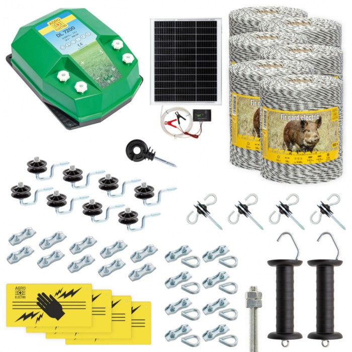 Pachet gard electric complet 6000&nbsp;m, 7,2&nbsp;Joule, cu sistem solar, pentru animale sălbatice
