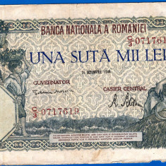 (19) BANCNOTA ROMANIA - 100.000 LEI 1946 (21 OCTOMBRIE 1946), FILIGRAN ORIZONTAL