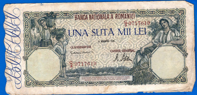 (19) BANCNOTA ROMANIA - 100.000 LEI 1946 (21 OCTOMBRIE 1946), FILIGRAN ORIZONTAL foto