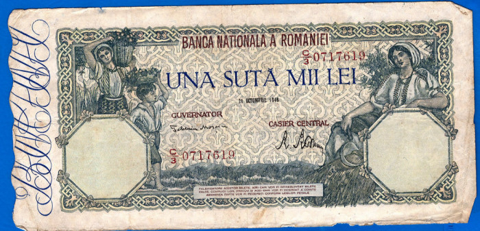 (19) BANCNOTA ROMANIA - 100.000 LEI 1946 (21 OCTOMBRIE 1946), FILIGRAN ORIZONTAL