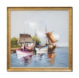 Tablou pictat manual inramat, Peisaj cu veliere, 90x90cm ulei pe panza in cutit efect 3D, Geo Ungureanu