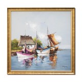 Tablou pictat manual inramat, Peisaj cu veliere, 90x90cm ulei pe panza in cutit efect 3D, Geo Ungureanu