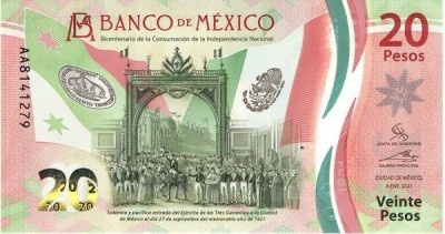 !!! MEXIC - 20 PESOS 2021 - P NEW - UNC / SEMNATURA 1 / SERIA AG / POLIMER foto