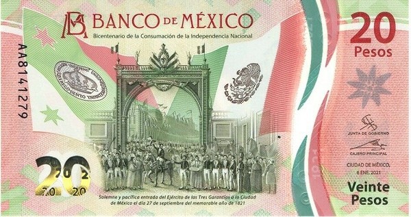 !!! MEXIC - 20 PESOS 2021 - P NEW - UNC / SEMNATURA 1 / SERIA AG / POLIMER