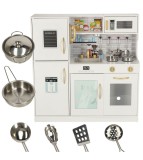 Bucatarie Jucarie Lemn Copii cu Frigider, Aragaz, Chiuveta, Accesorii Metalice, 80x24x80 cm. Bucatarie din lemn educativa pentru fetite si baieti