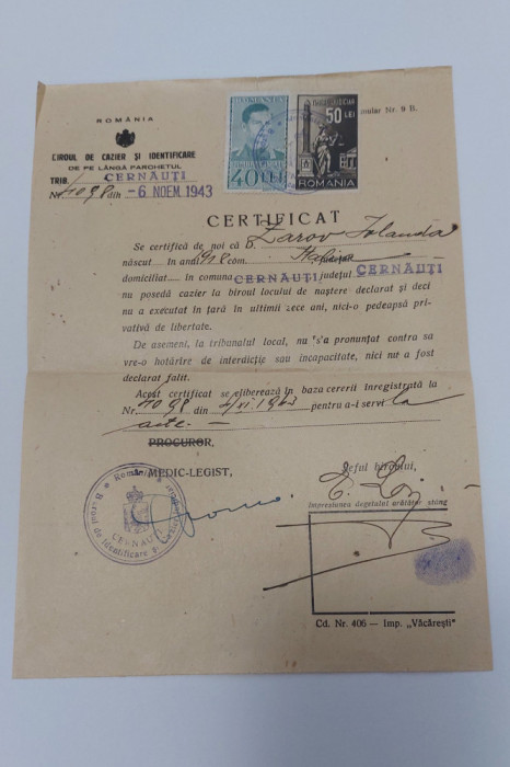 Vechi document, semnatura olograf ( certificat cazier) anul 1943