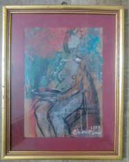 Portret de femeie pe scaun// pastel pe hartie, Marius Ghenescu, pictor clujean foto